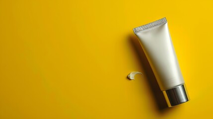 A stylish metal tube containing cream positioned on a yellow background