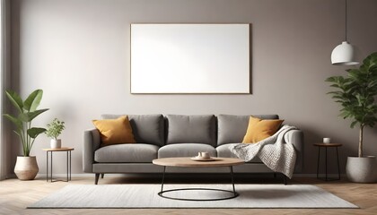 one empty vertical picture frames in a modern living room with white sofa and beige pillows. Wall art mockup.