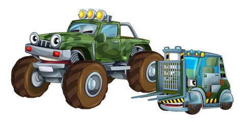 cartoon scene with two military army cars vehicles with forklift theme isolated background illustration for children - 788049996