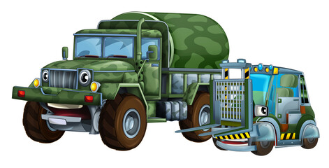 cartoon scene with two military army cars vehicles with forklift theme isolated background illustration for children - 788050157