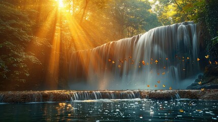 Tranquil Waterfall Nature Scene with Sunlight and Butterflies