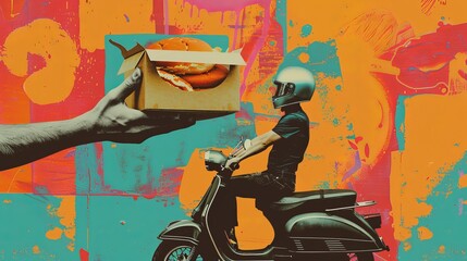 An art collage depicting a modern pop art style hand holding a takeaway food box, illustrating concepts of delivery and food service with a rider delivering the package