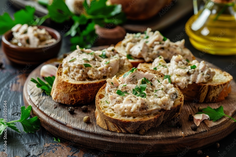 Poster homemade chicken pate on rustic bread