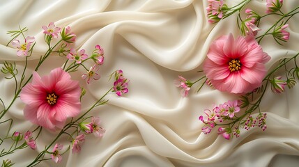 Obraz na płótnie Canvas Pink flowers on creamy satin