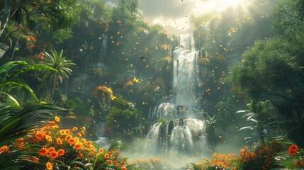 Fototapeta na wymiar Tropical Paradise with Serene Waterfall and Colorful Foliage