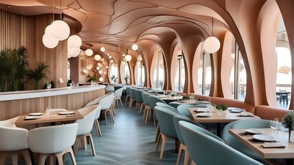 January 2020, Alaska, Barcelona, Spain This is a chic, modern restaurant with ceramic floors and hardwood walls. restaurant design - obrazy, fototapety, plakaty