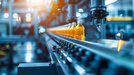 An automated industrial machine for plastic packaging is shown under a light effect, focusing on the automated packaging line for products and food in a light blue scene - obrazy, fototapety, plakaty