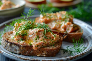 Homemade smoked salmon spread on brown bread with dill - obrazy, fototapety, plakaty