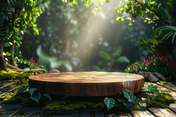 An enchanting background for your product presentation with a round wooden table placed in the center of lush greenery and surrounded by vibrant foliage, bathed in sunlight that filters through dense.