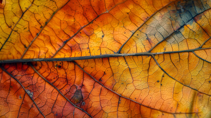 A leaf with a rainbow of colors is shown. The colors are red, orange, yellow, green, and blue. The leaf is in the middle of the image, and it is a close-up of the leaf