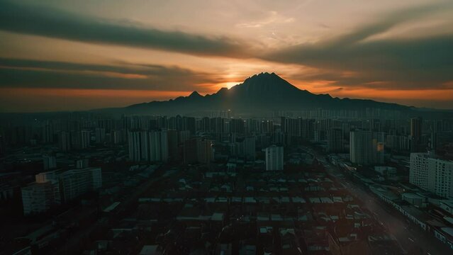 Video animation of serene cityscape at the cusp of day and night. A majestic sun partially hides behind a distant mountain