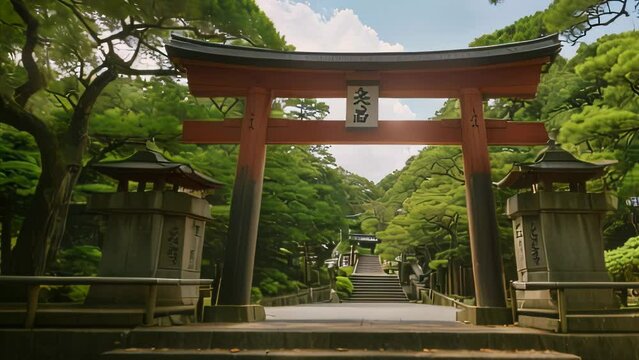 Video animation of traditional Japanese torii gate, a symbolic entrance to a Shinto shrine. It&rsquo;s a large, red gate with a black upper lintel and white ends on the pillars,