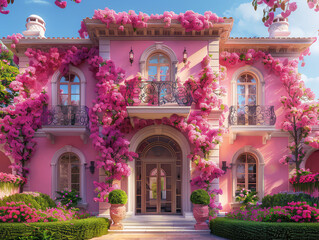 Fototapeta na wymiar A pink villa with roses growing on the walls, the entrance is surrounded by flowers and plants, the ground covered in petals, dreamy and romantic. Created with Ai