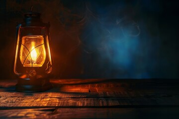 Hurricane lantern illuminating wooden table with warm reflecting light against dark background - Powered by Adobe