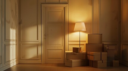 Cardboard boxes are arranged with a lamp near a door in a room, depicting moving day