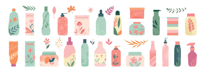 Organic skin care cosmetics. Beauty cream natural scrub and eco shampoo, make up products in different packaging. Vector bottles jars tubes for face moisturizing isolated set. Body lotion, oil