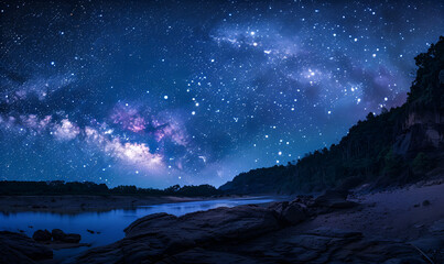 Milky Way Galaxy and Stars in Night Sky in mekong river