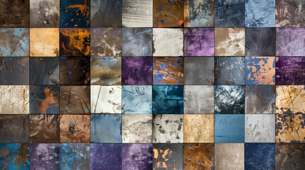 Collage backdrops various abstract mosaic patterns in cool blue, brown gray tones. Abstract background squares or rectangles with each element within its own square, evoking creativity and diversity. - obrazy, fototapety, plakaty