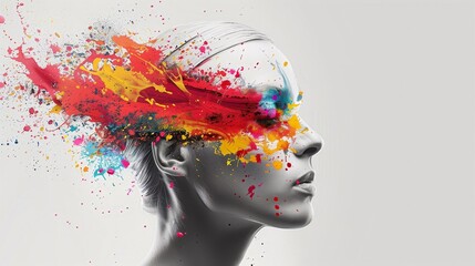 Colourful splash in a woman head, vibrant explosion - 788052374