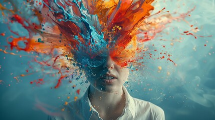 Colourful splash in a woman head, vibrant explosion - 788052508