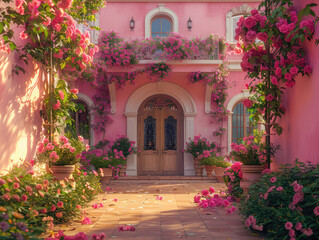 A pink villa surrounded by roses, with a front door decorated in the style of romanticism. The entrance is filled with lush greenery and vibrant flowers. Created with Ai