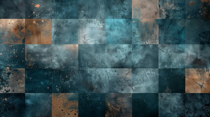 Collage backdrops various abstract mosaic patterns in cool blue, brown gray tones. Abstract background squares or rectangles with each element within its own square, evoking creativity and diversity.