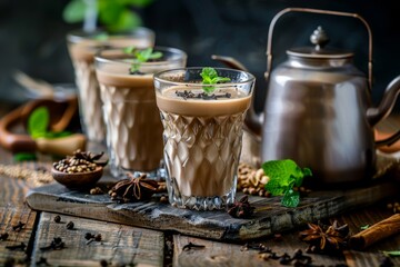 Indian chai in traditional glasses with kettle spices and tea leaves on dark wooden background Retro cafe restaurant hotel vibes - obrazy, fototapety, plakaty