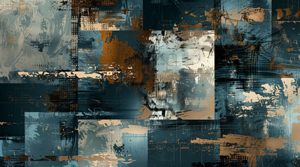 Collage backdrops various abstract mosaic patterns in cool blue, brown gray tones. Abstract background squares or rectangles with each element within its own square, evoking creativity and diversity.
