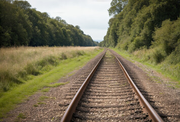 Fototapeta premium A forgotten railway track fading into the countryside, its wooden sleepers weathered and worn, surrounded by the quiet beauty of nature reclaiming its territory.. AI generated.