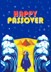 Passover Exodus from Egypt Hebrew: "Happy Passover!" Pesach Jewish Holiday poster. Moses parting the Red Sea, Israelites cross on dry ground waves sky, manna matzah, Egyptian pyramids Sinai desert art