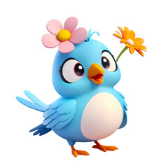 3d blue bird cartoon character and flowers Isolated On Transparent Background, PNG File Add