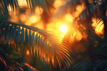 A serene view of tropical palm leaves backlight by the warm, golden hue of a sunset, conveying a sense of paradise