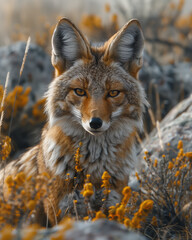 Fototapeta premium Alert coyote in a natural setting with fall foliage.