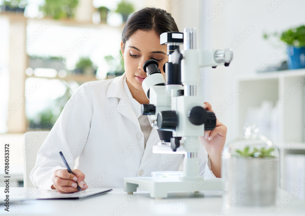 Poster scientist, microscope and writing in lab with research for sample analysis, medical experiment and d