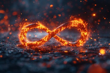 A powerful image depicting an infinity symbol ablaze with fire against a backdrop of a starry night sky - obrazy, fototapety, plakaty