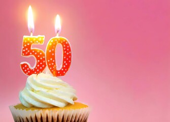 Cupcake dacorated with candle light and number 50 - to celebrate the age of fifty years old