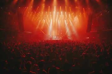 Dynamic wide-angle view of a concert hall with enthusiastic fans and impressive stage lighting