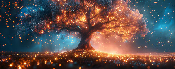 Majestic tree with glowing leaves on a starry background.