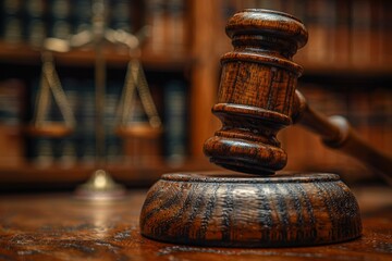 A professional image featuring a close-up of a wooden gavel, symbolizing law, order, and authority, against a blurred courtroom