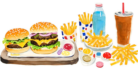 burger and fries served with soft drinks