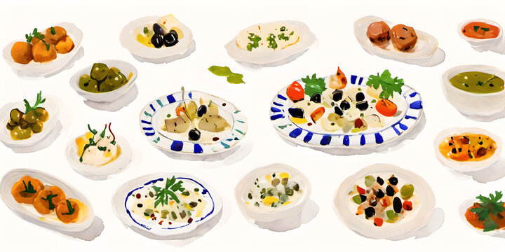 a set of Mediterranean food, served on plates