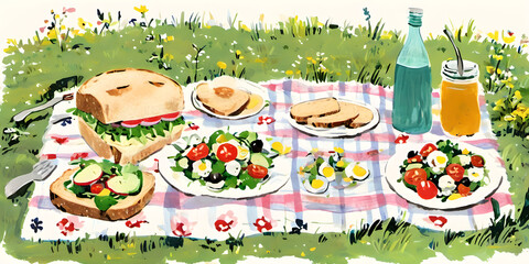 picnic in a park, with sandwich, toast, salad, and drink