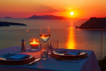 Intimate beachfront dinner at a Santorini restaurant overlooking the volcano at sunset