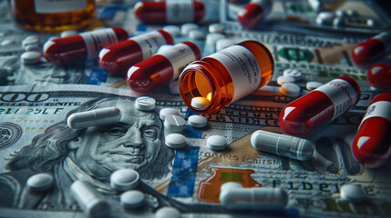 Prescription pills spilled over US currency notes.