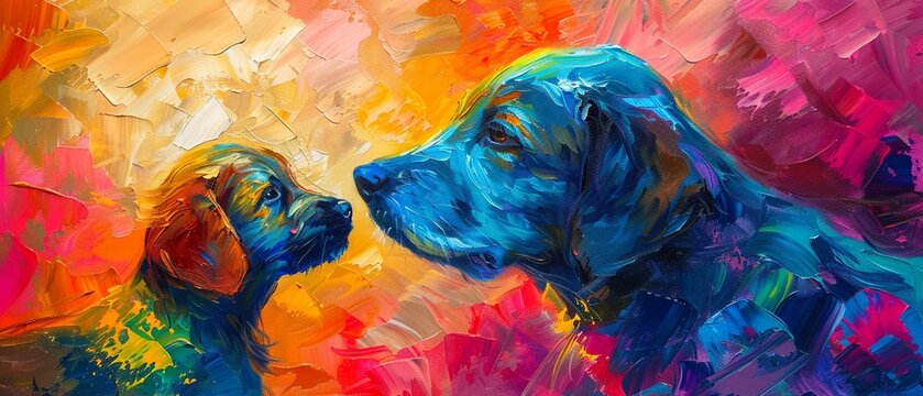 Colorful abstract painting of a mother dog and her puppy in a Mothers Day style, palette knife oil on a lively background, with dramatic lighting and vivid accents