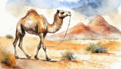 A camel walking in the desert drawn with watercolor