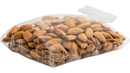 Almond in plastic bag isolated on transparent background