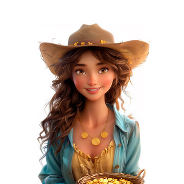 Woman in Cowboy Hat Holding Basket of Gold Coins. Generative AI