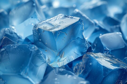 This image depicts a single blue ice cube in focus, showcasing its clarity and sharp edges against other cubes