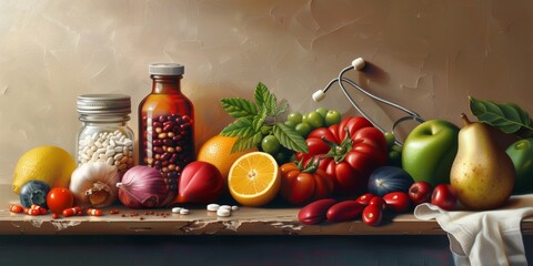 Colorful fruits and vegetables with medicines on a concrete background.